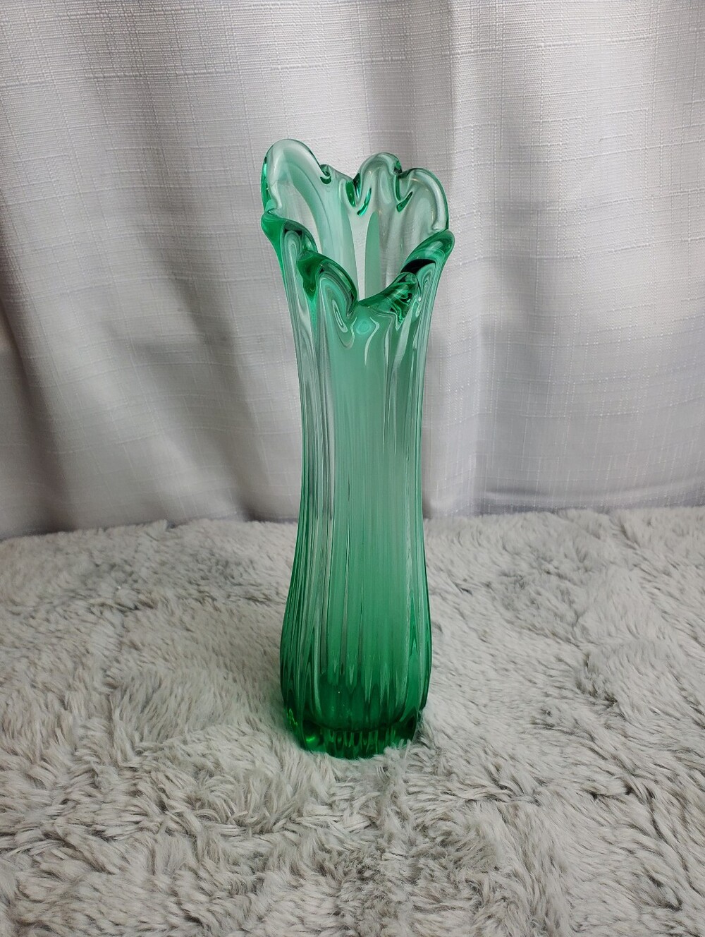 Vintage MCM Green And White Glass Five Finger "Swung" Vase Approx. 9"  - Read